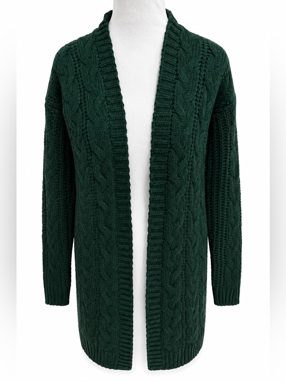 Forest Green Cable-Knit Open-Front Cardigan Sweater